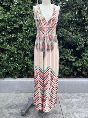 1990s Y2K USA Made Peacock Print Halter Maxi Dress Beige Boho Festival Size L
